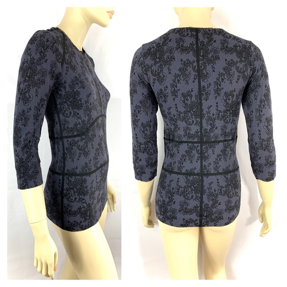 PHILIPPE MATIGNON lace prints black lavender fitted top L - Picture 3 of 11